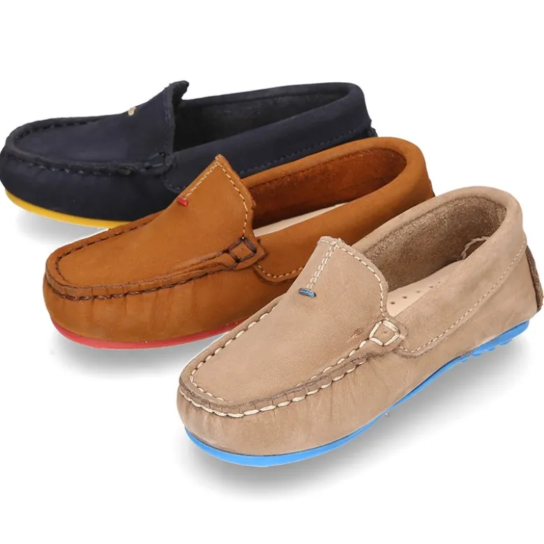 Mocasín niños pequeños piso conductor contraste en piel Nobuck.