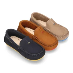 Mocasín niños pequeños piso conductor contraste en piel Nobuck.
