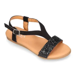 Sandalia Niña Mayor en piel serraje NEGRO con GLITTER.