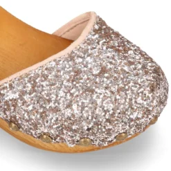 Sandalia Niña Mayor tipo ZUECO de madera en piel serraje con GLITTER.