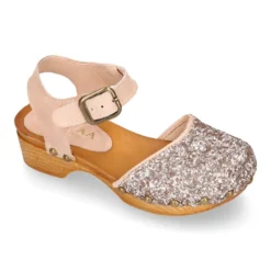 Sandalia Niña Mayor tipo ZUECO de madera en piel serraje con GLITTER.