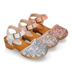Sandalia Niña Mayor tipo ZUECO de madera en piel serraje con GLITTER.