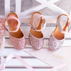 Sandalia Niña Mayor tipo ZUECO de madera en piel serraje con GLITTER.