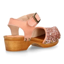 Sandalia Niña Mayor tipo ZUECO de madera en piel serraje con GLITTER.