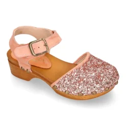 Sandalia Niña Mayor tipo ZUECO de madera en piel serraje con GLITTER.