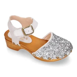 Sandalia Niña Mayor tipo ZUECO de madera en piel serraje con GLITTER.