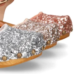 Sandalia Niña Mayor tipo ZUECO de madera en piel serraje con GLITTER.