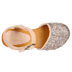 Sandalia Niña Mayor tipo ZUECO de madera en piel serraje con GLITTER.