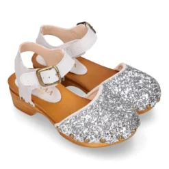 Sandalia Niña Mayor tipo ZUECO de madera en piel serraje con GLITTER.