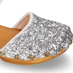 Sandalia Niña Mayor tipo ZUECO de madera en piel serraje con GLITTER.