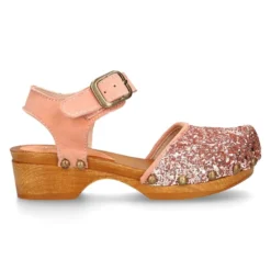 Sandalia Niña Mayor tipo ZUECO de madera en piel serraje con GLITTER.