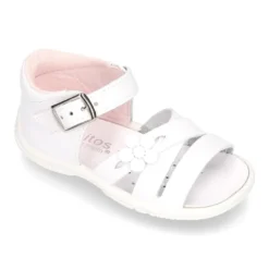 Sandalia Niña peque en piel lavable con tiras cruzadas, FLOR y suela SUPER FLEXIBLE.