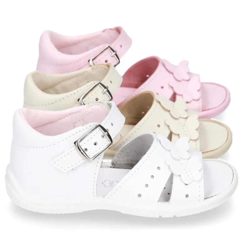 Sandalia Niña peque en piel lavable con MARIPOSAS y suela SUPER FLEXIBLE.