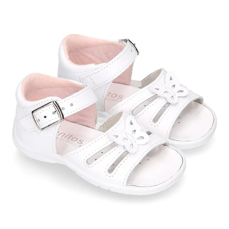 Sandalia Niña peque en piel lavable con mariposa y suela SUPER FLEXIBLE.