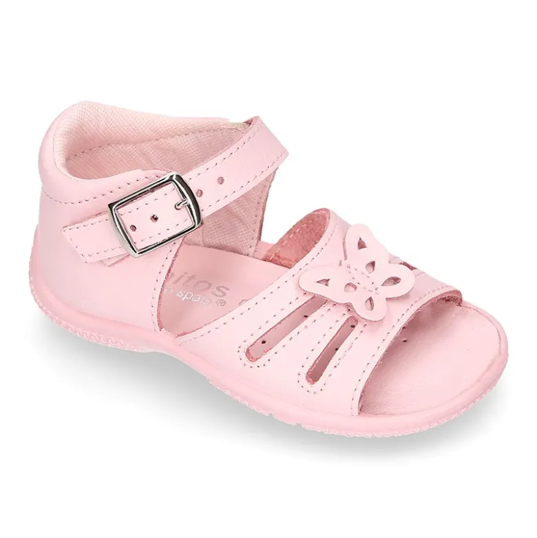 Sandalia Niña peque en piel lavable con mariposa y suela SUPER FLEXIBLE.