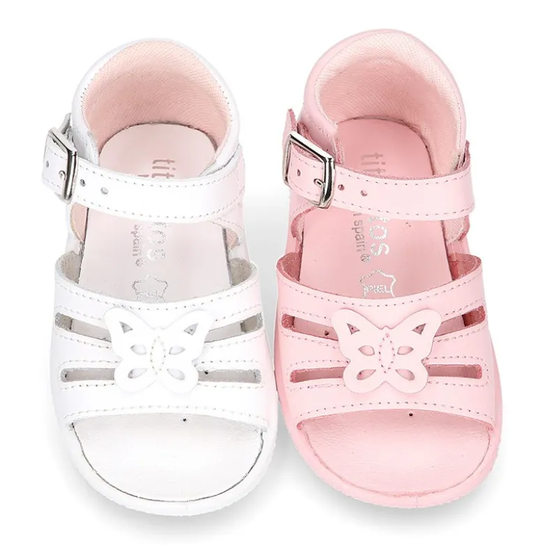 Sandalia Niña peque en piel lavable con mariposa y suela SUPER FLEXIBLE.