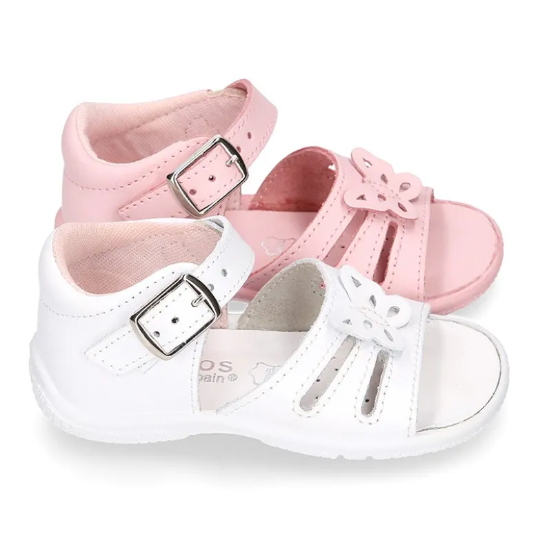 Sandalia Niña peque en piel lavable con mariposa y suela SUPER FLEXIBLE.
