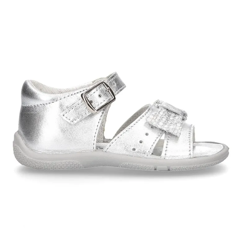 Sandalia Niña peque en piel metalizada con LAZO y suela SUPER FLEXIBLE.