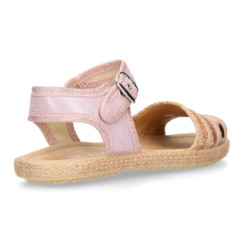 Sandalia niña tipo alpargata con hebilla en lona con diseño con brillos.