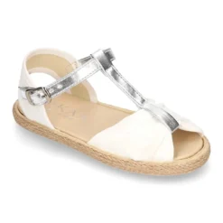 SANDALIA niña tipo alpargata en forma de T en lona con diseño metalizado.