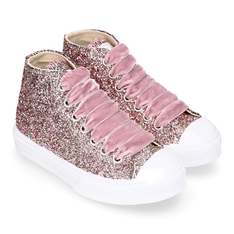 Zapatilla alta niña Glitter con puntera y cordones de terciopelo