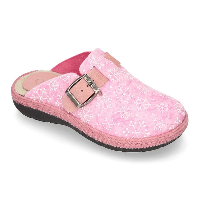 Zapatilla casa niñas OKAA ZUECO en lana con copos de nieve.