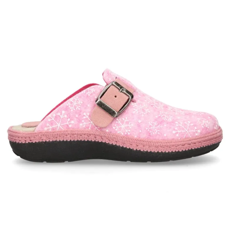 Zapatilla casa niñas OKAA ZUECO en lana con copos de nieve.