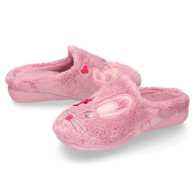 Zapatilla casa niñas tipo zueco en lona tipo lana con diseño CONEJITA