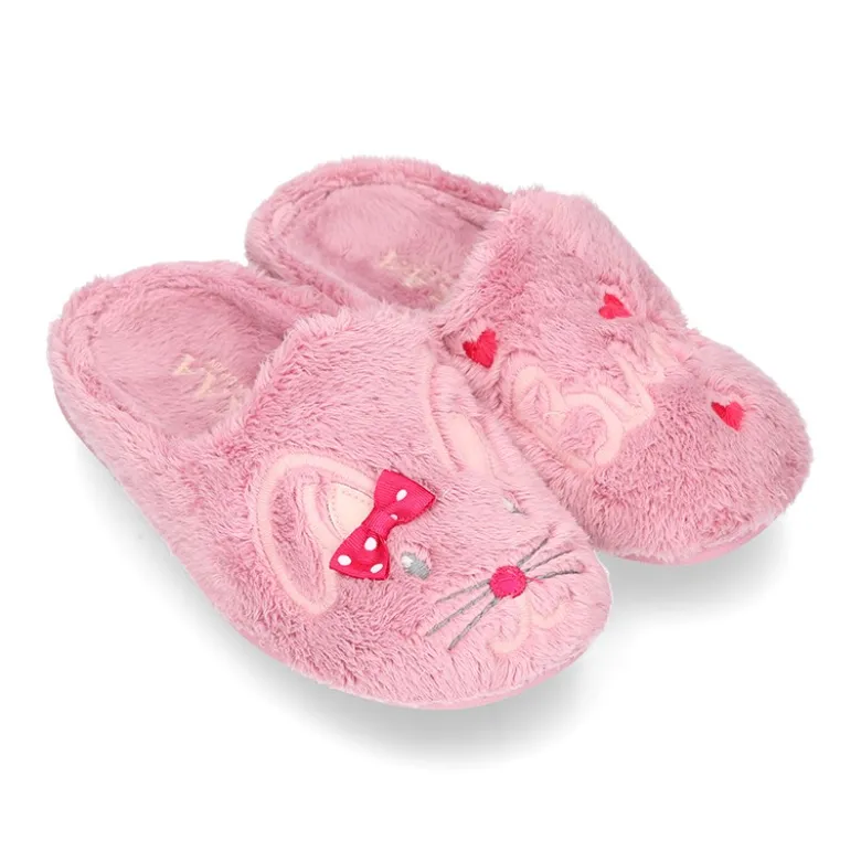 Zapatilla casa niñas tipo zueco en lona tipo lana con diseño CONEJITA