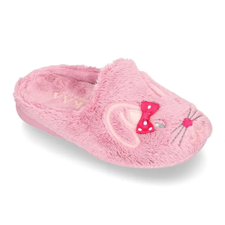 Zapatilla casa niñas tipo zueco en lona tipo lana con diseño CONEJITA