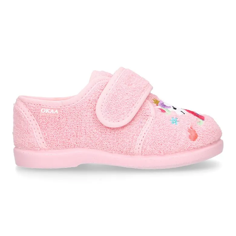 Zapatilla casa niña unicornio con cierre adherente en algodón toalla