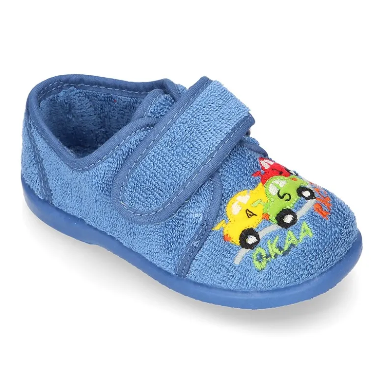 Zapatilla casa niños COCHES con cierre adherente en algodón toalla.