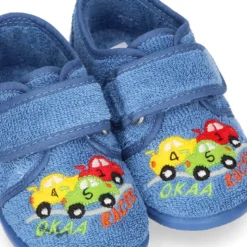 Zapatilla casa niños COCHES con cierre adherente en algodón toalla.