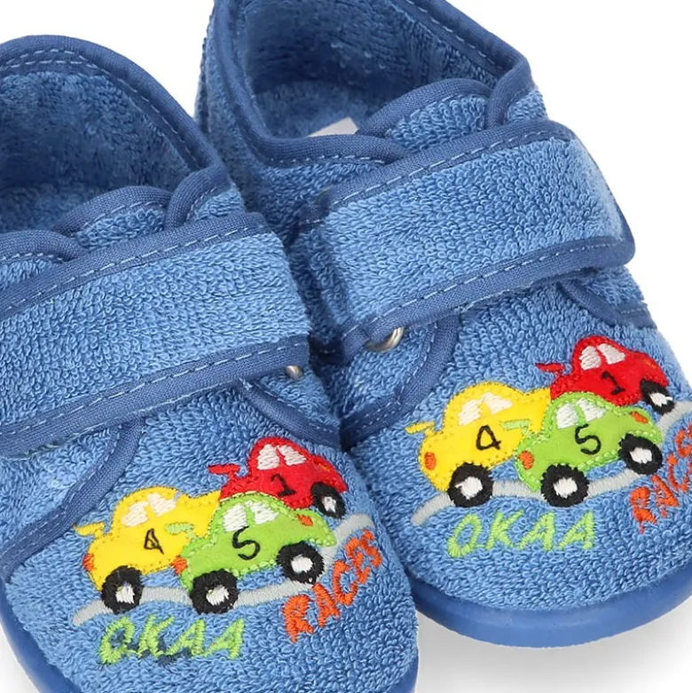 Zapatilla casa niños COCHES con cierre adherente en algodón toalla.