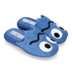 Zapatilla casa niños destalonada en lona toalla con diseño divertido.