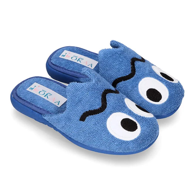 Zapatilla casa niños destalonada en lona toalla con diseño divertido.