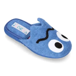Zapatilla casa niños destalonada en lona toalla con diseño divertido.