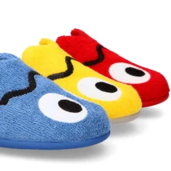 Zapatilla casa niños destalonada en lona toalla con diseño divertido.