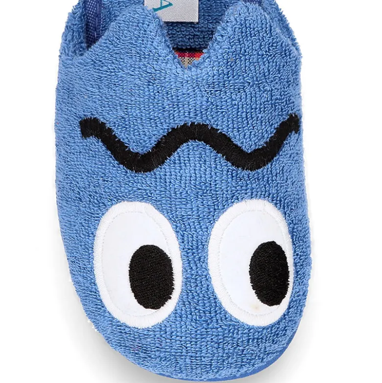 Zapatilla casa niños destalonada en lona toalla con diseño divertido.