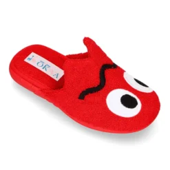 Zapatilla casa niños destalonada en lona toalla con diseño divertido.