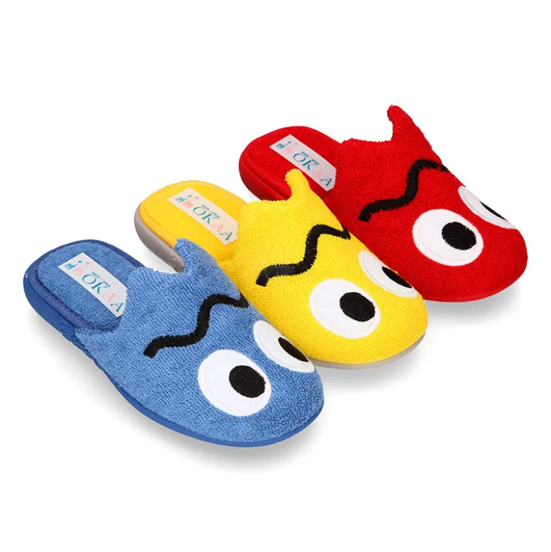 Zapatilla casa niños destalonada en lona toalla con diseño divertido.