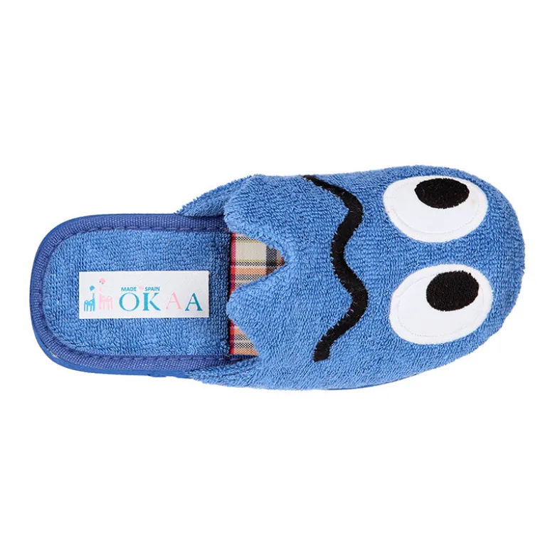 Zapatilla casa niños destalonada en lona toalla con diseño divertido.