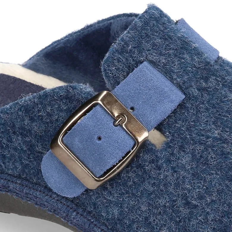 Zapatilla casa niños OKAA ZUECO en lana JEANS con hebilla.