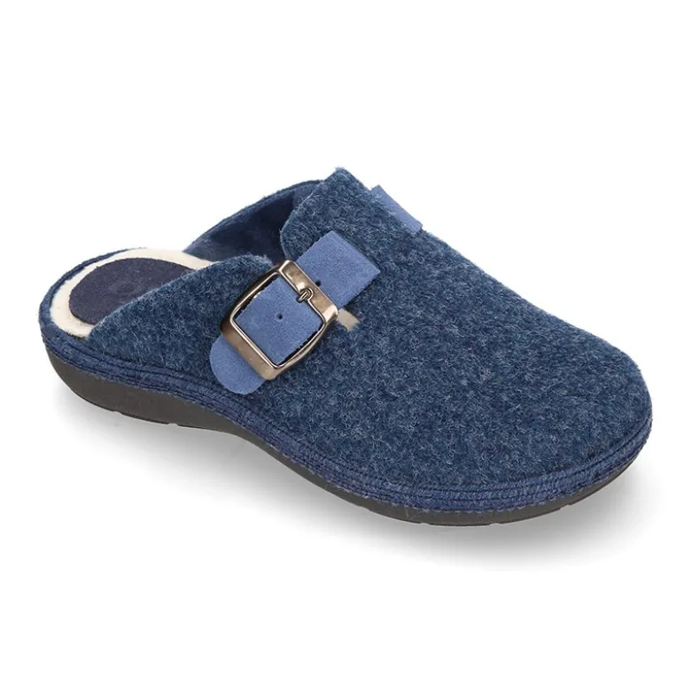 Zapatilla casa niños OKAA ZUECO en lana JEANS con hebilla.