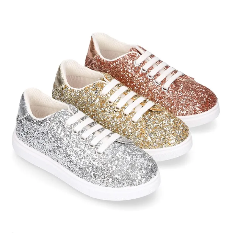 Zapatilla niña OKAA con cordones en piel con GLITTER.