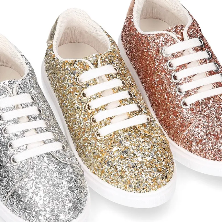Zapatilla niña OKAA con cordones en piel con GLITTER.