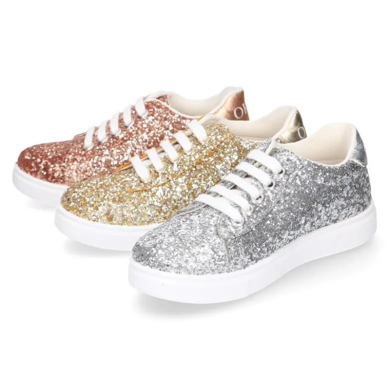 Zapatilla niña OKAA con cordones en piel con GLITTER.