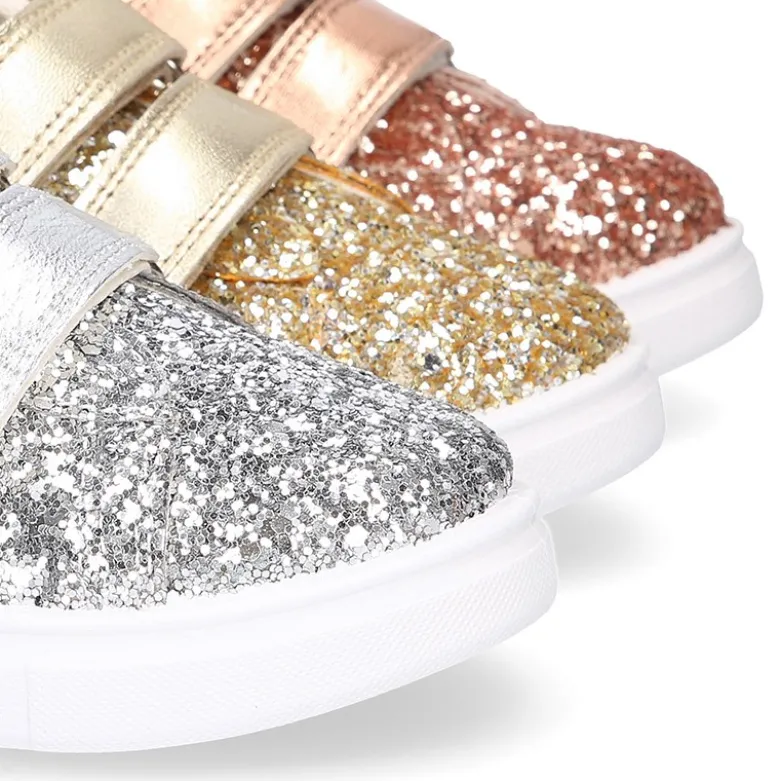 Zapatilla niña OKAA sin cordones en piel con GLITTER.