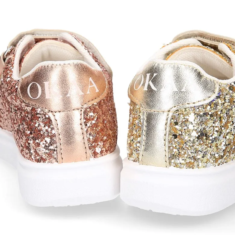 Zapatilla niña OKAA sin cordones en piel con GLITTER.