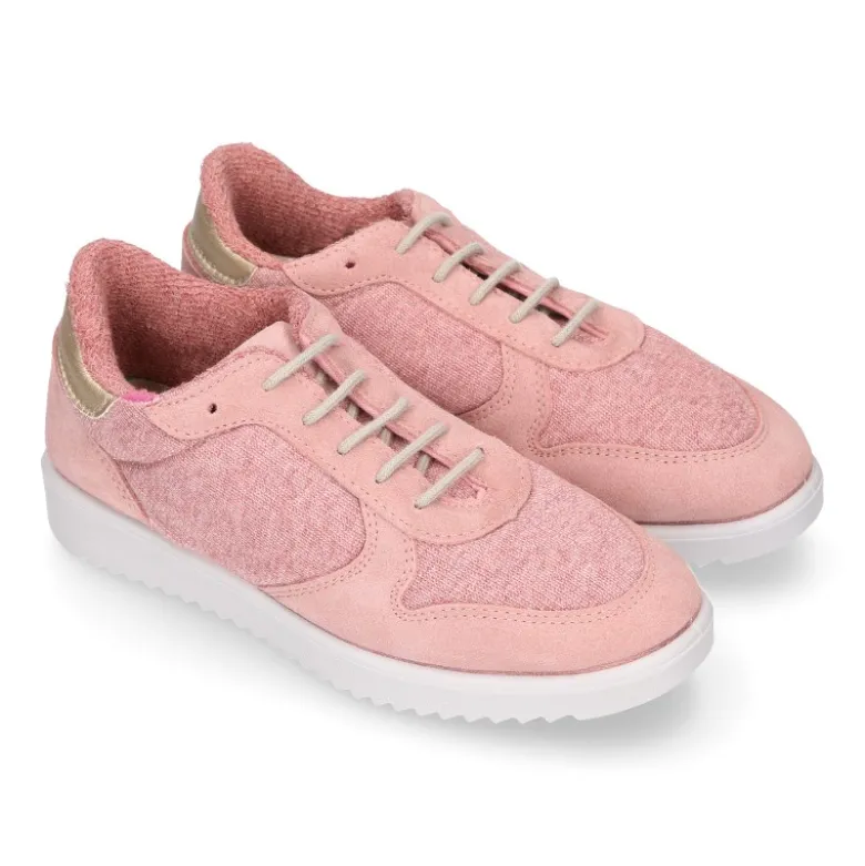 Zapatilla niña tipo tenis con cordones en lona punto con piel serraje.